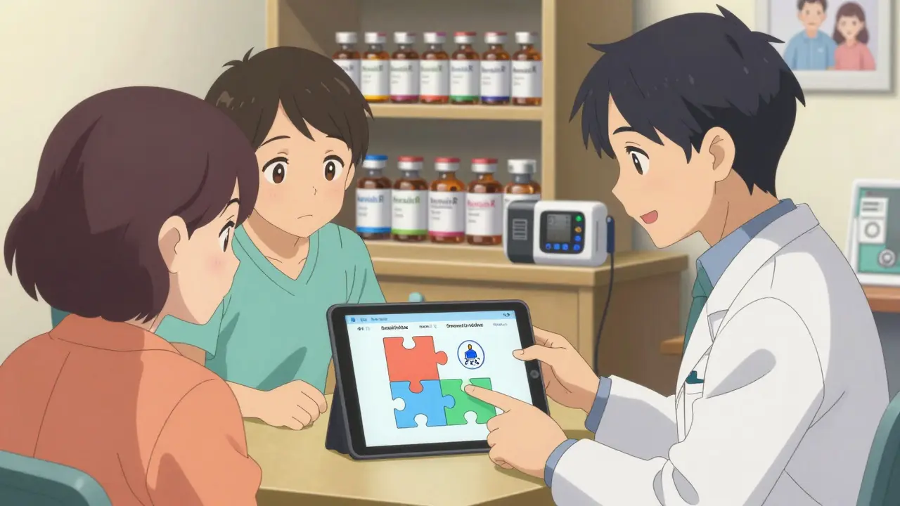 Patient and educator reviewing personalized insulin regimens on a tablet in a clinic.