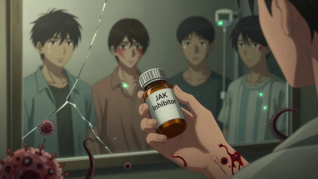 Patient holding JAK inhibitor pill as infections creep from their skin, mirrored reflections showing health decline.
