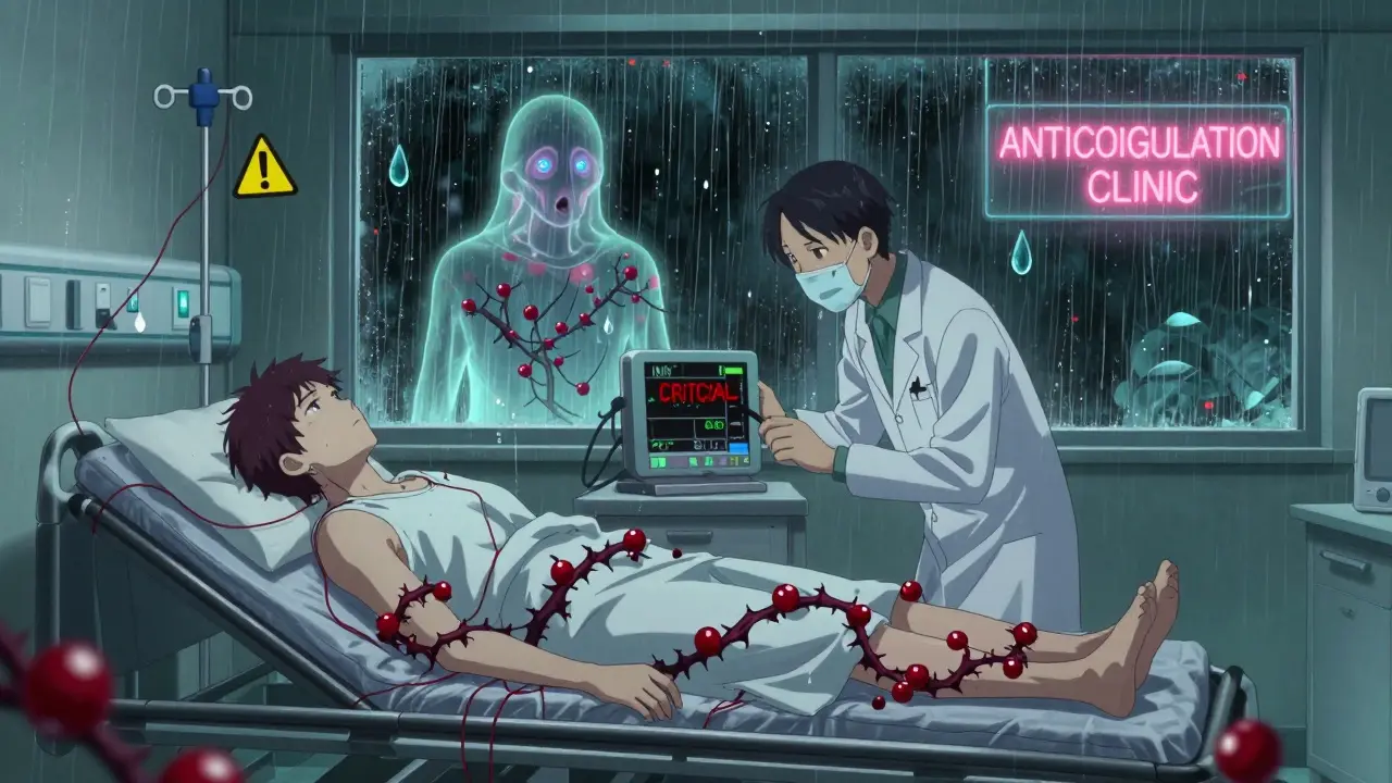 Patient in ER with INR monitor flashing critical, cranberry vines symbolizing risk.