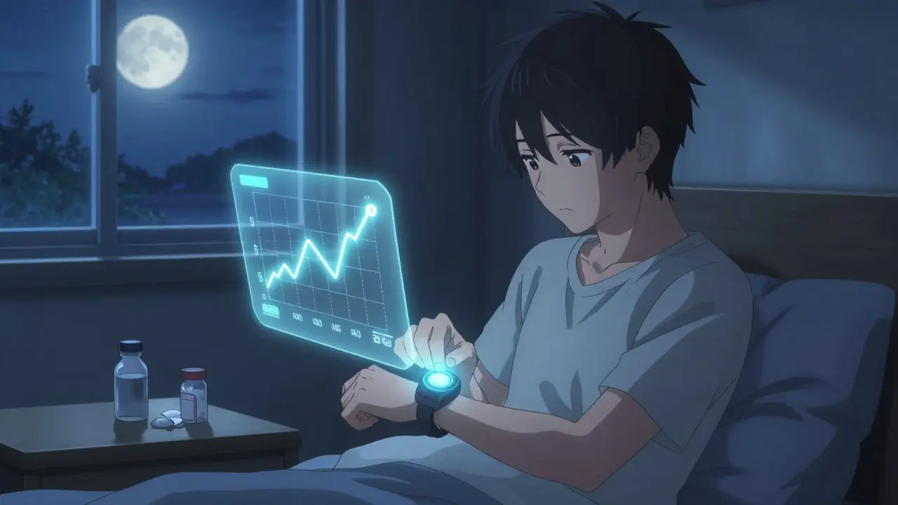 Person checking a CGM at night, glowing blood sugar trends visible in moonlit room.