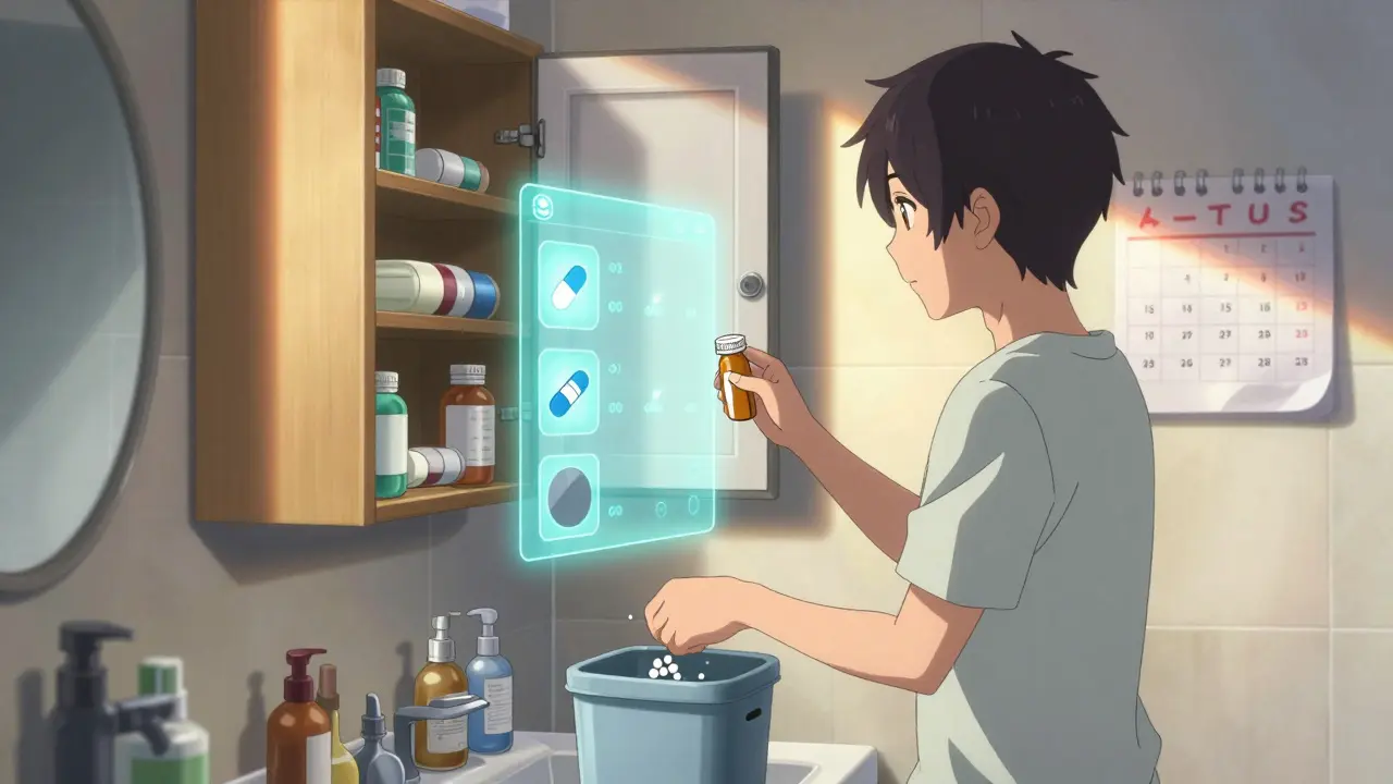 Person disposing of expired pill in bathroom as digital expiration alerts float from phone.