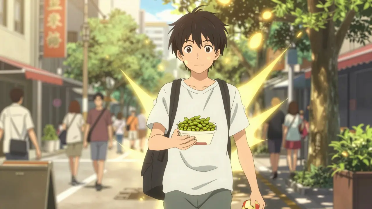 Person walking in city with roasted edamame and apple, glowing with energy.