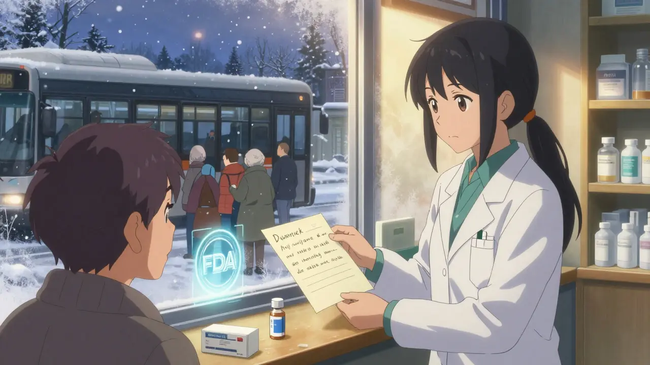 Pharmacist holding a thank-you letter in a quiet pharmacy at dusk as patients arrive for vaccines.