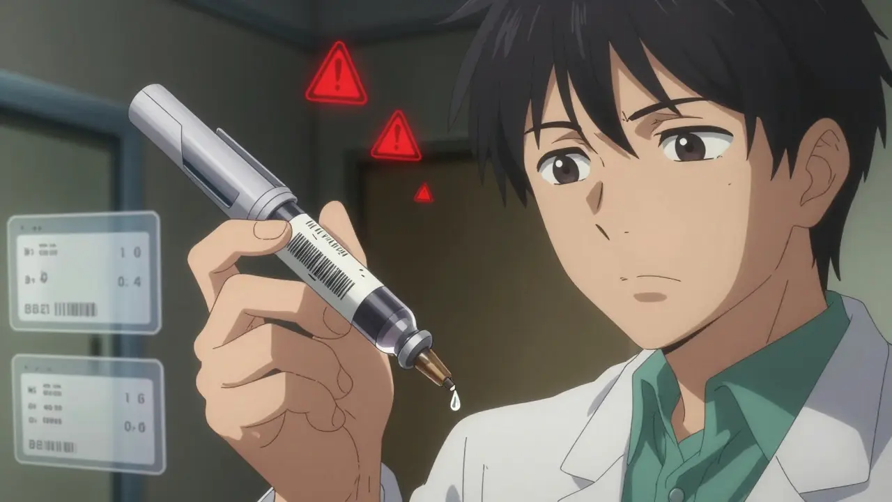 Pharmacist holding an insulin pen with a failed barcode scan, warning symbols floating in the air.