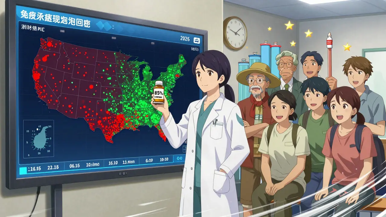 Pharmacist viewing a digital map showing rising vaccine coverage across a state with diverse patients nearby.