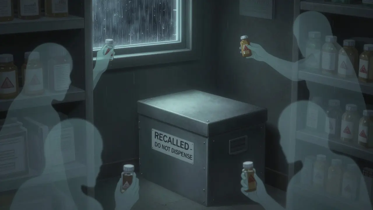 Recalled drugs stored away as ghostly patients reach out in dim pharmacy lighting