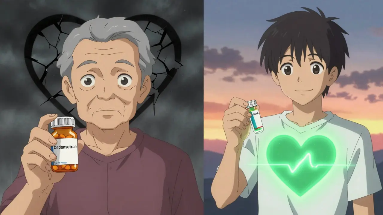 Split scene: elderly person with cracking heart shadow vs. young person with glowing safe heart, symbolizing drug risks.