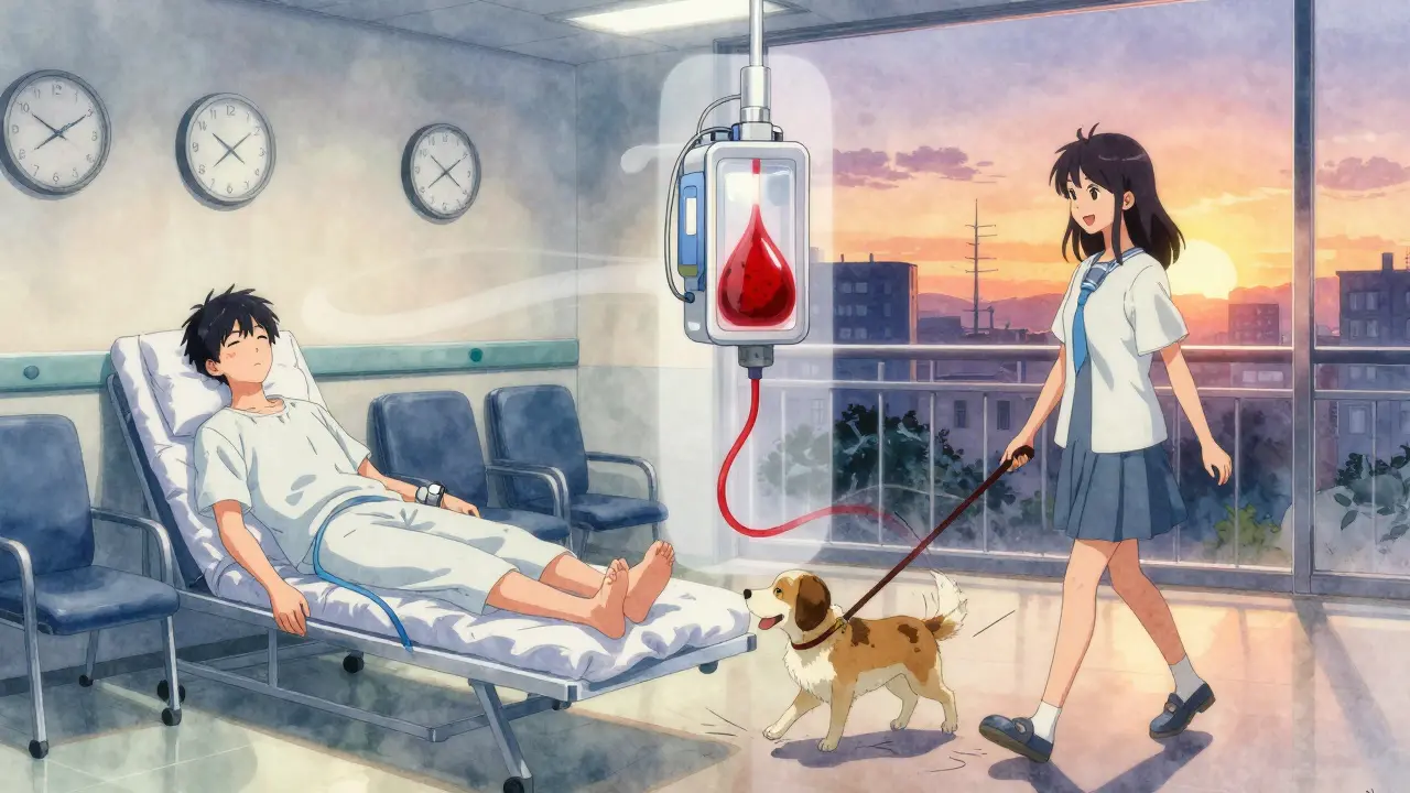 Split scene: tired clinic patient vs. vibrant home dialysis patient walking their dog at sunrise, symbolizing improved quality of life.