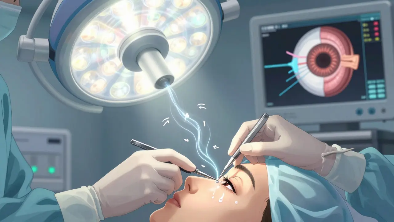 Surgeon adjusting an eye muscle during strabismus surgery with glowing muscle fibers.