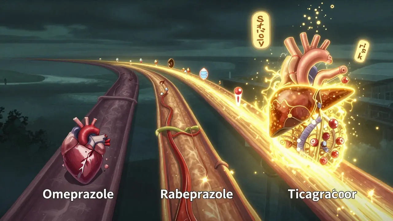 Three medical pathways showing risks of omeprazole vs. safety of rabeprazole and ticagrelor.