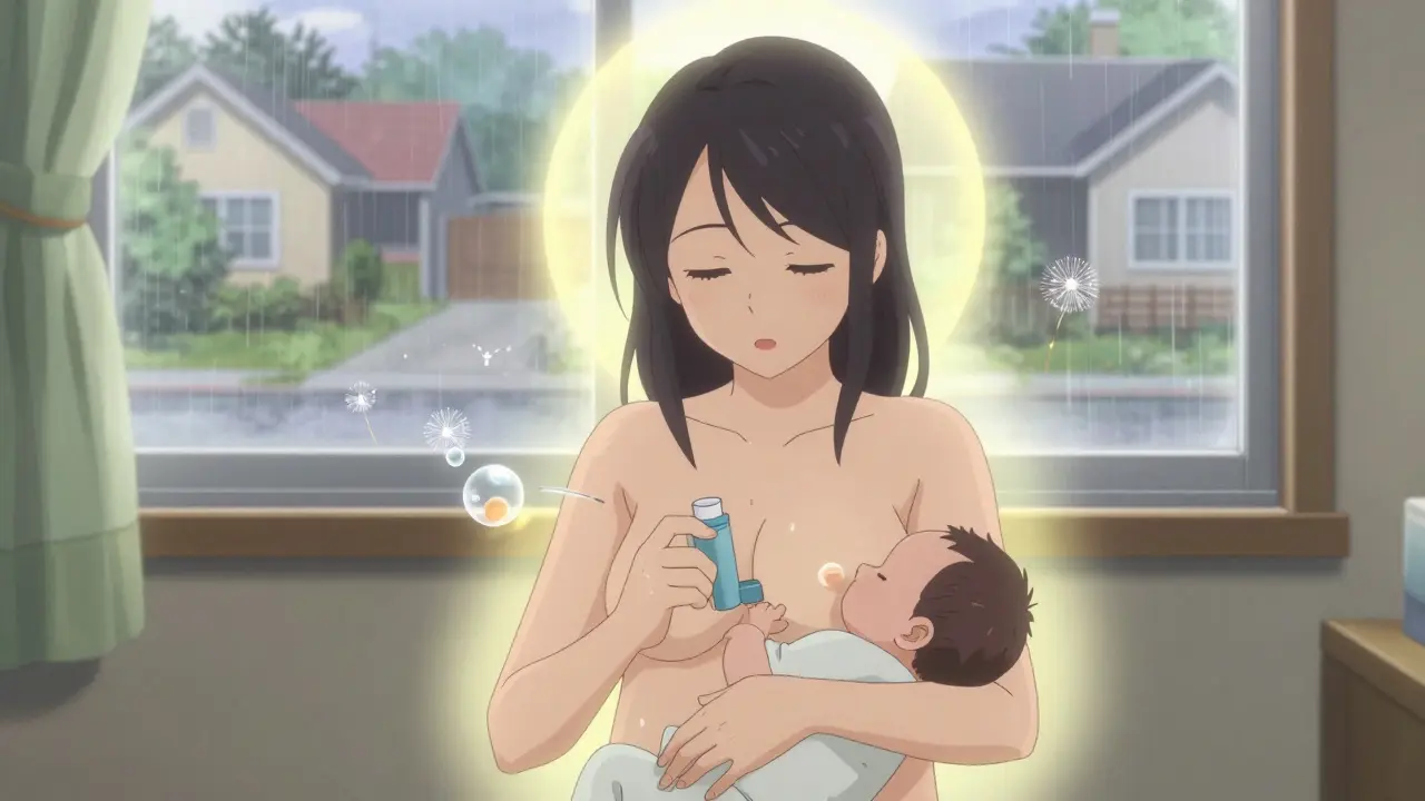 Woman breastfeeding while holding inhaler, tiny medicine molecules drifting like seeds, peaceful home environment.