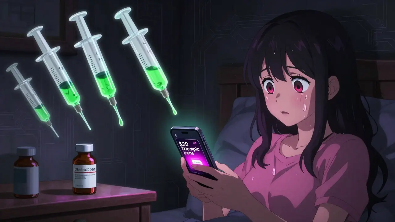 Woman stares at fake Ozempic ad on phone, ghostly toxic syringes looming behind her.