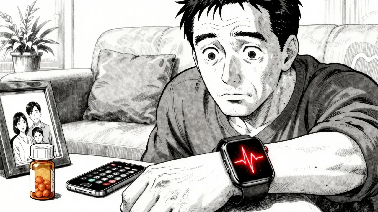 A man stares at his smartwatch's red alert, reflected in his eyes, with aspirin and a phone nearby.