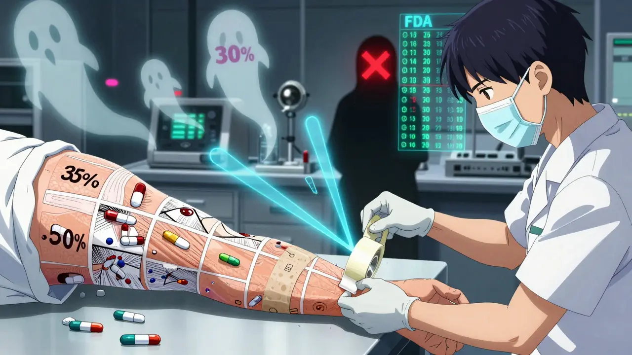 A technician performing tape-stripping on skin, with fluctuating numerical data showing measurement inconsistency.