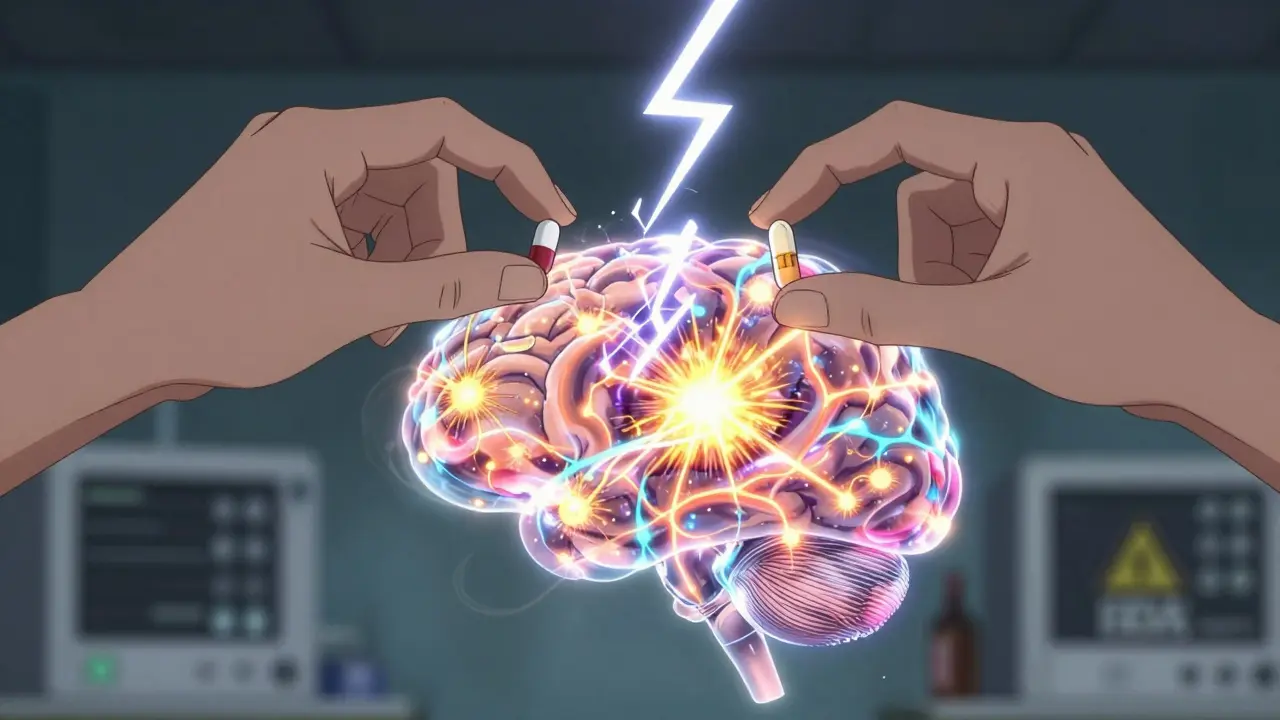 A transparent brain overwhelmed by chaotic serotonin activity, with SSRI and 5-HTP capsules hovering above it, lightning splitting the skull.