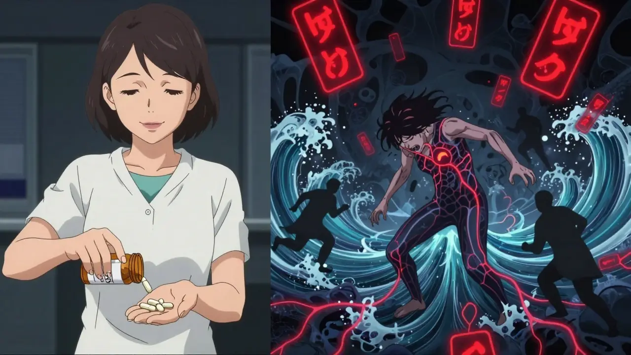 A woman taking 5-HTP and SSRIs simultaneously, with her body convulsing as serotonin waves overwhelm her neural system.