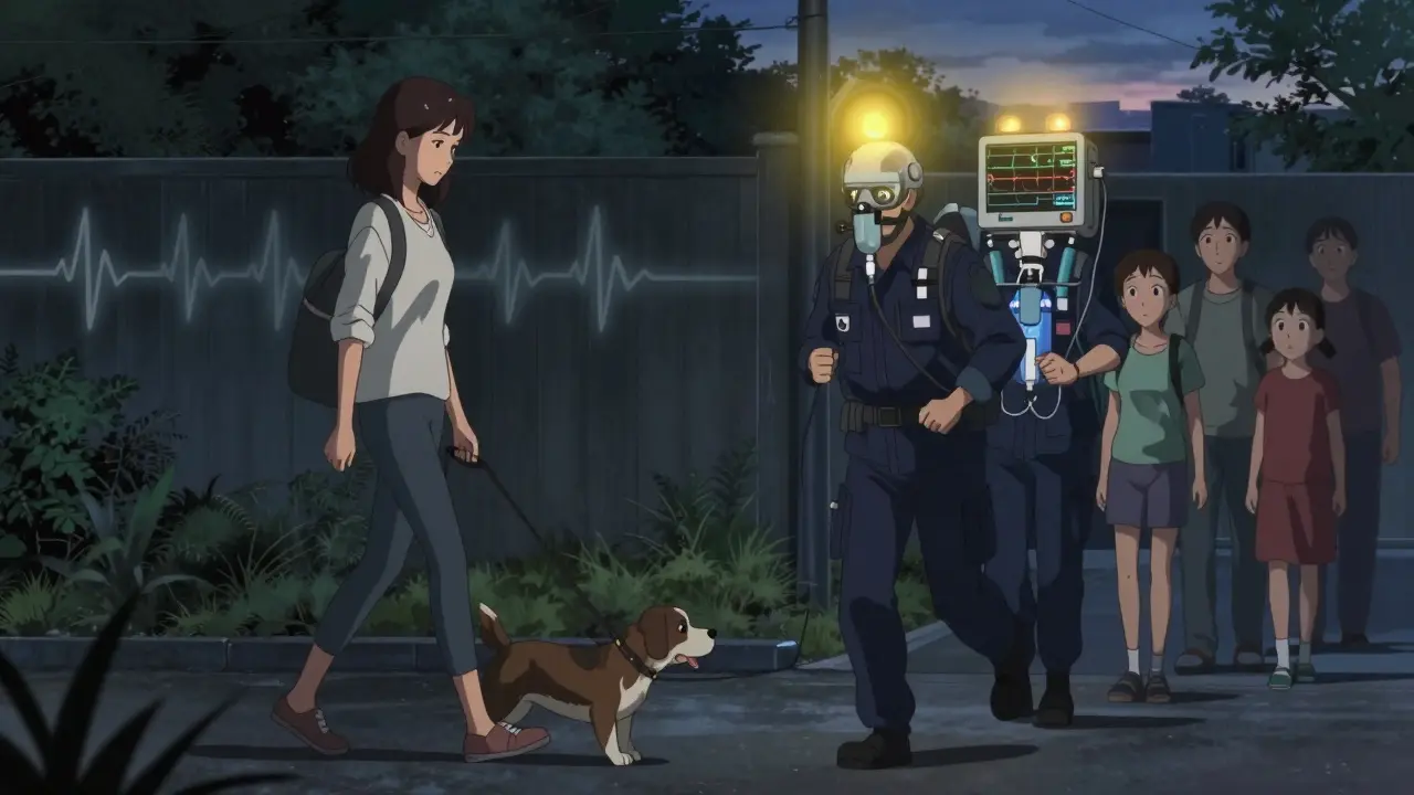 A woman walking her dog suddenly collapses as paramedics rush in, emergency lights cutting through twilight.