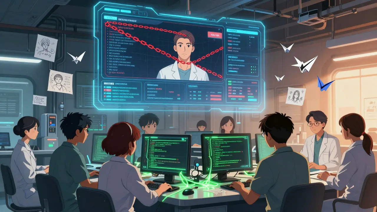 An AI data wall with biased red chains breaking as diverse advocates rewrite code with glowing green lines and floating patient stories.