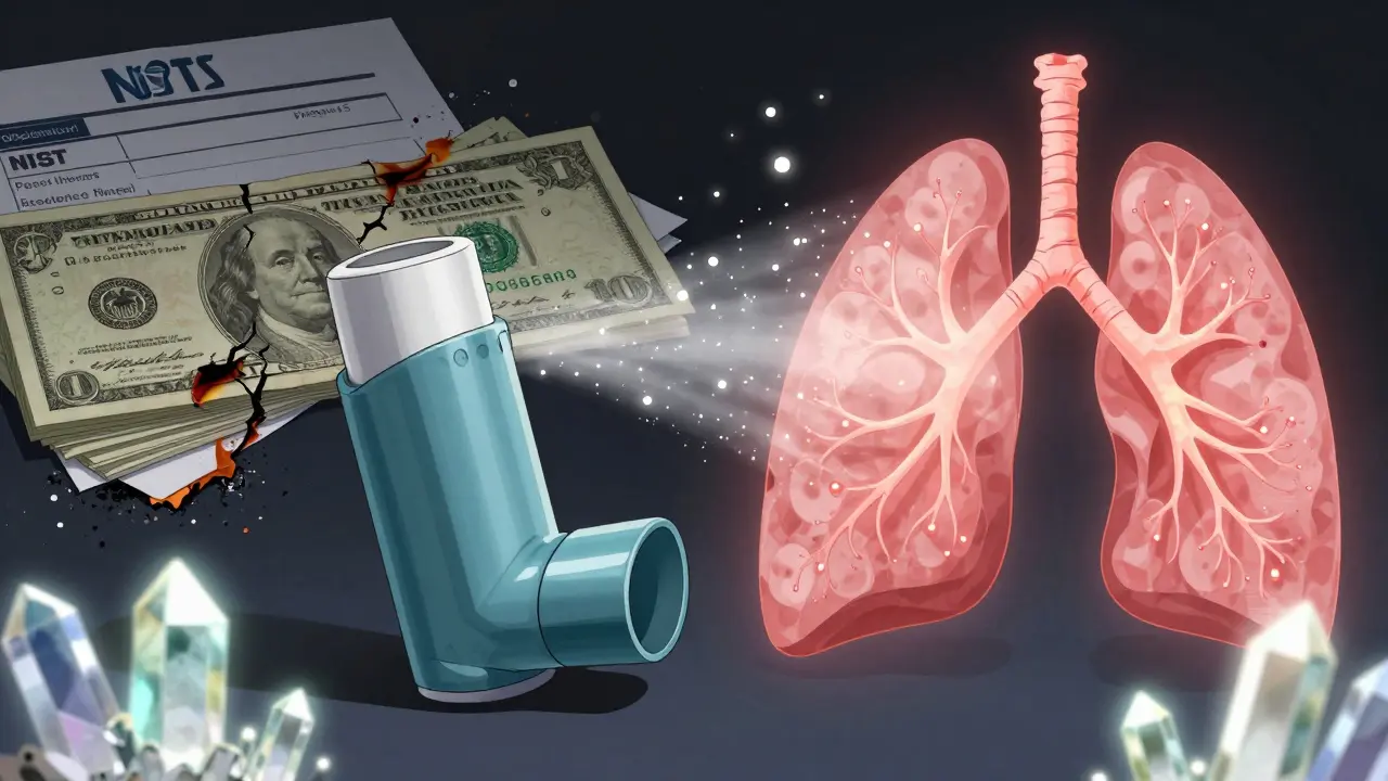 An inhaler releasing uneven aerosol particles, one stream failing to reach lungs while the brand's delivers precisely.