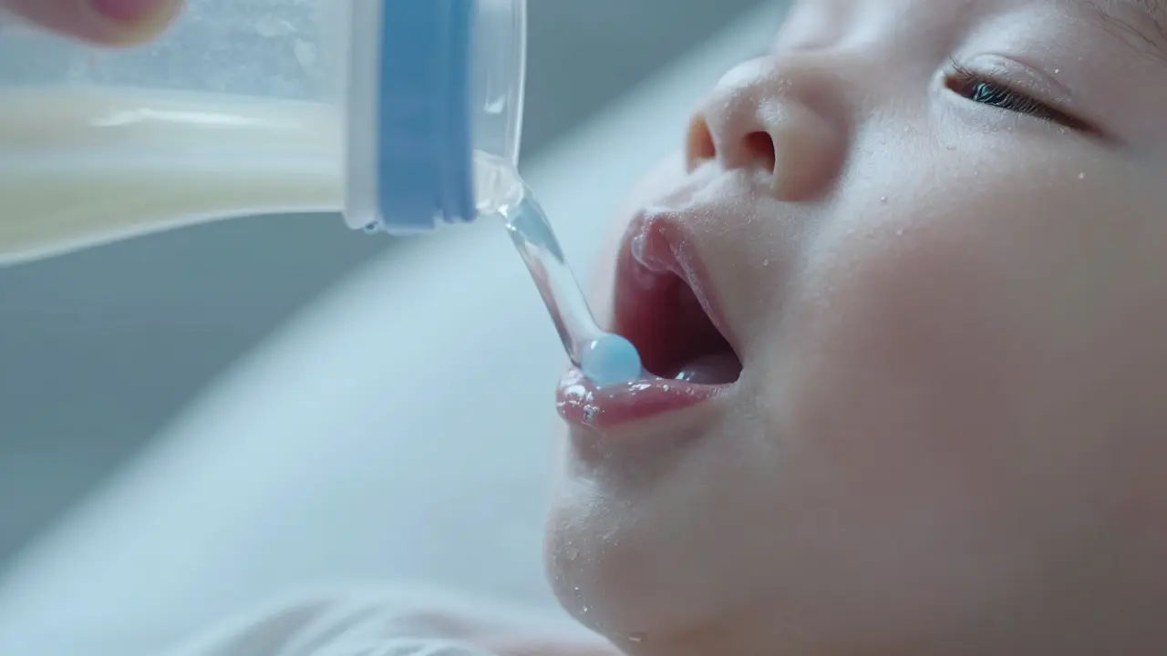 Close-up of breast milk flow with dissolving sertraline particle, infant sleeping peacefully.