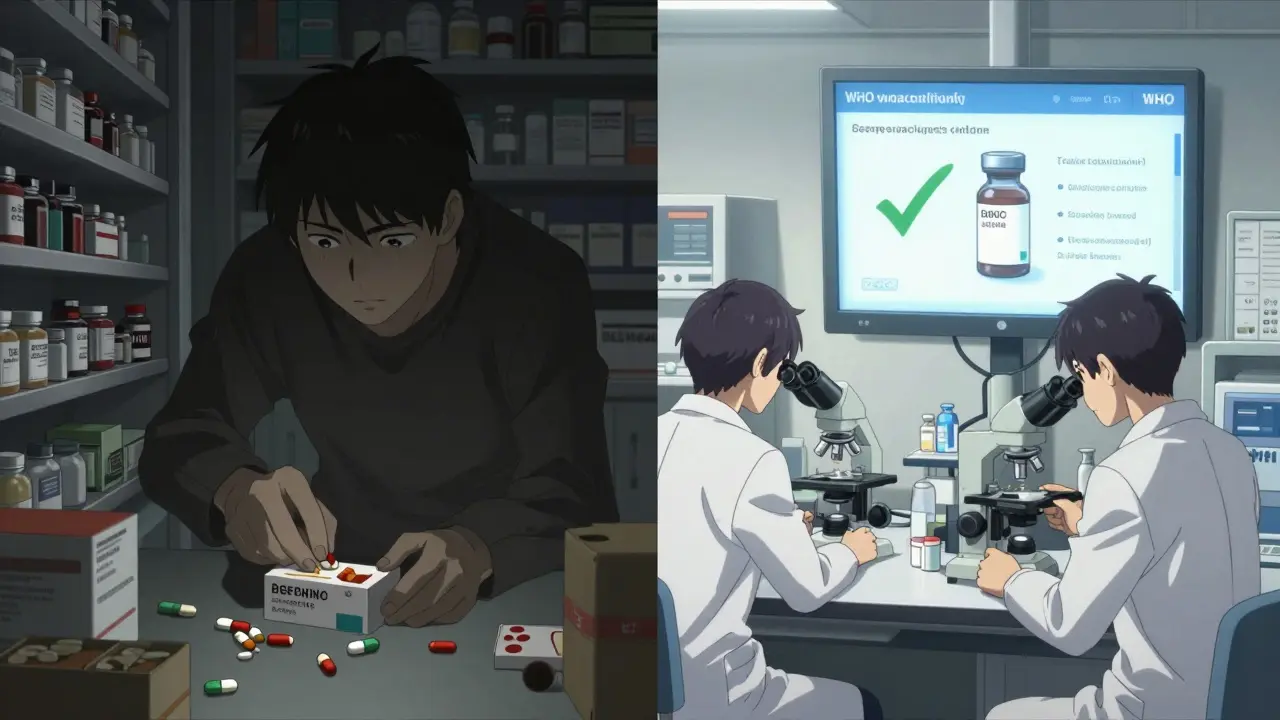 Contrasting scenes: counterfeit drugs on one side, scientists testing quality generics on the other.