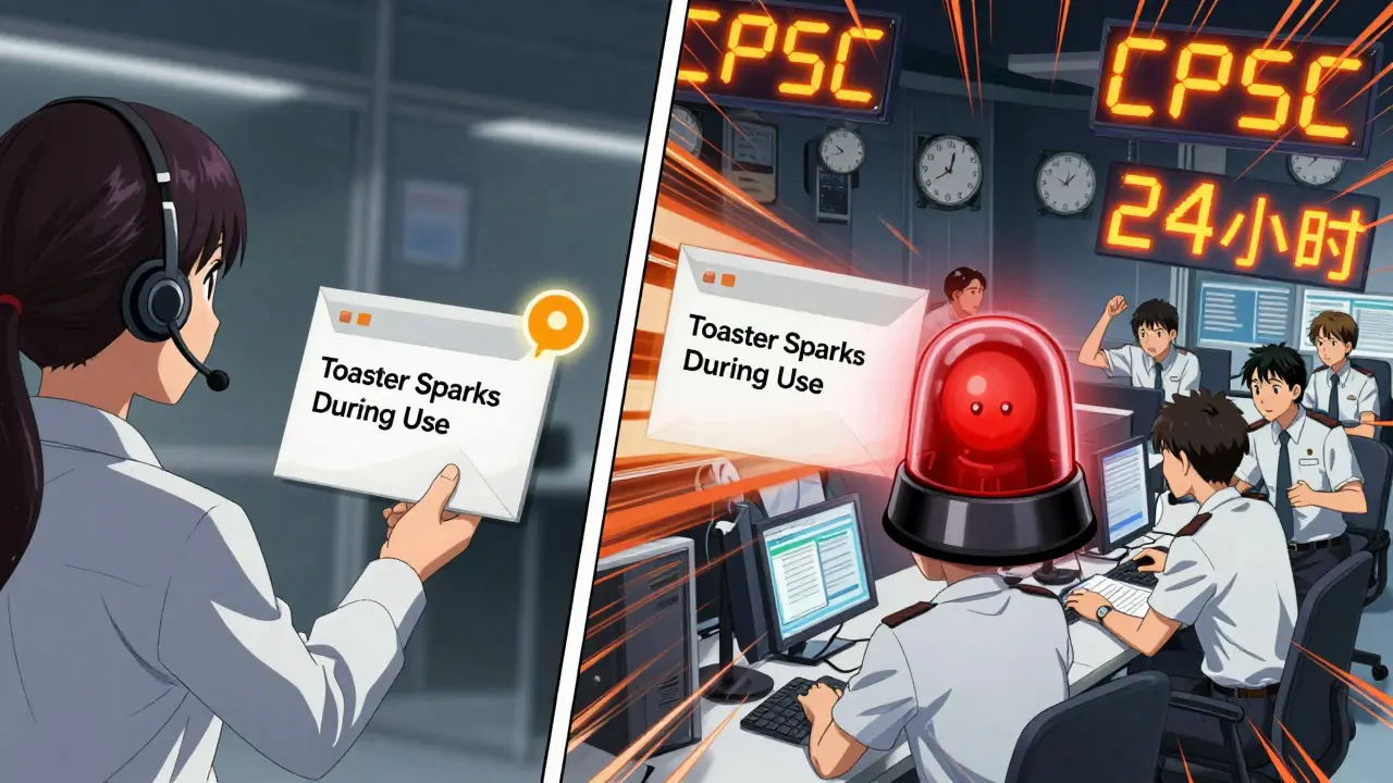 Customer service email triggers an urgent CPSC compliance alarm with digital clocks counting down.