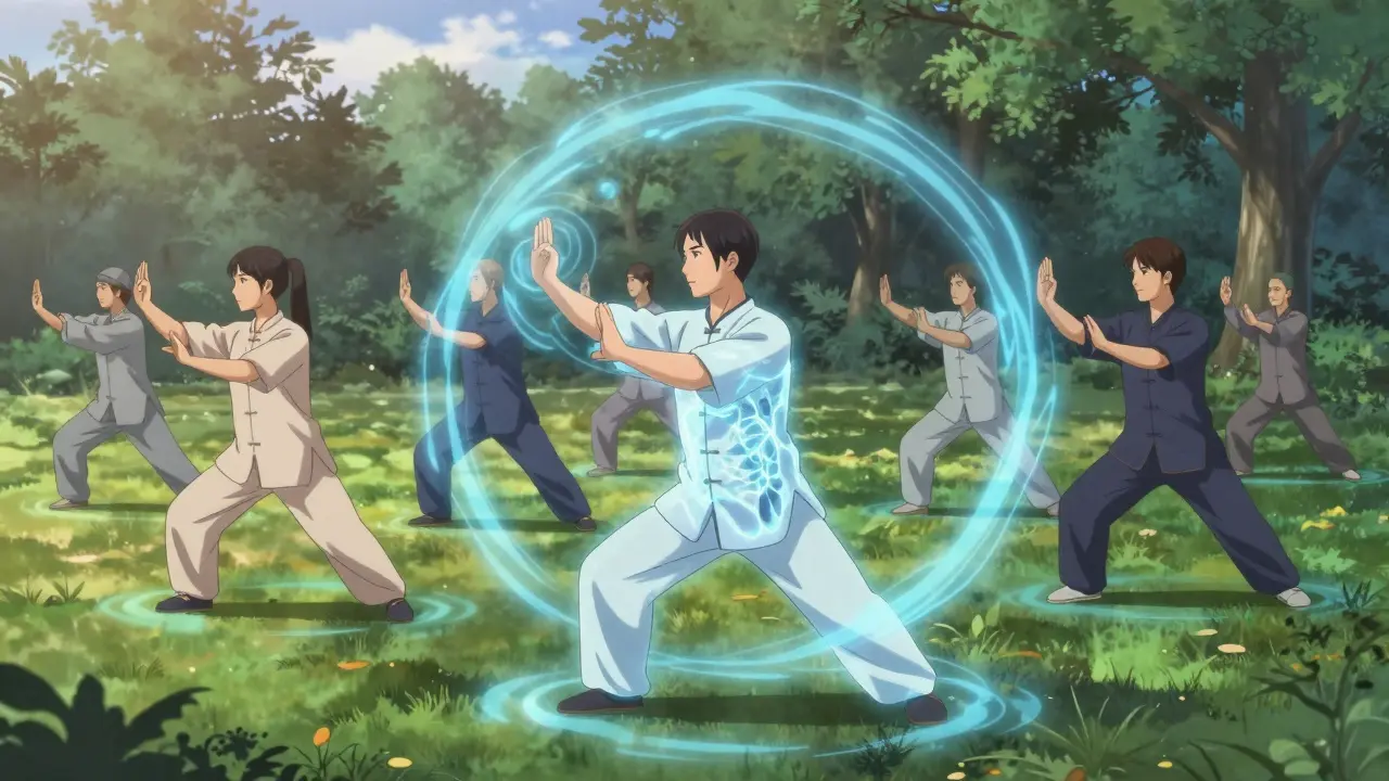 Group practicing tai chi in park with calming energy spirals around them.