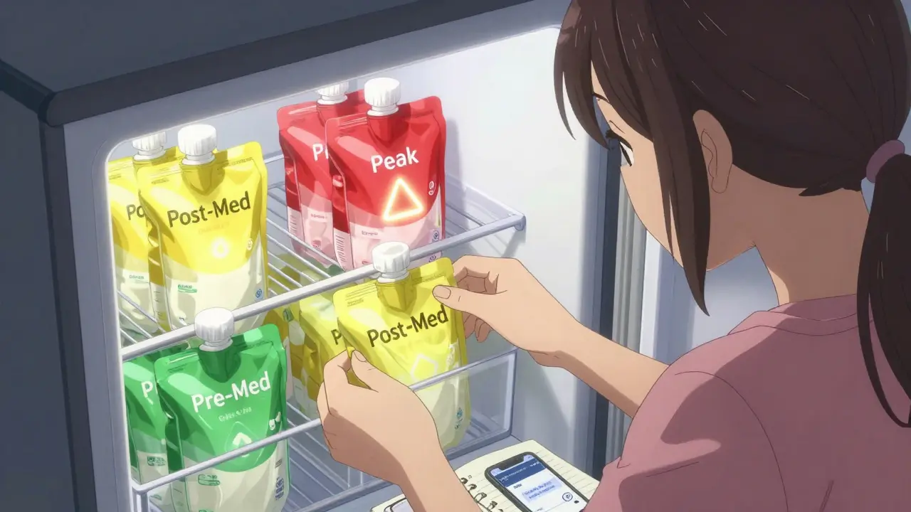 Hands organizing labeled breast milk bags in a freezer with three color-coded compartments, glowing softly under freezer light.