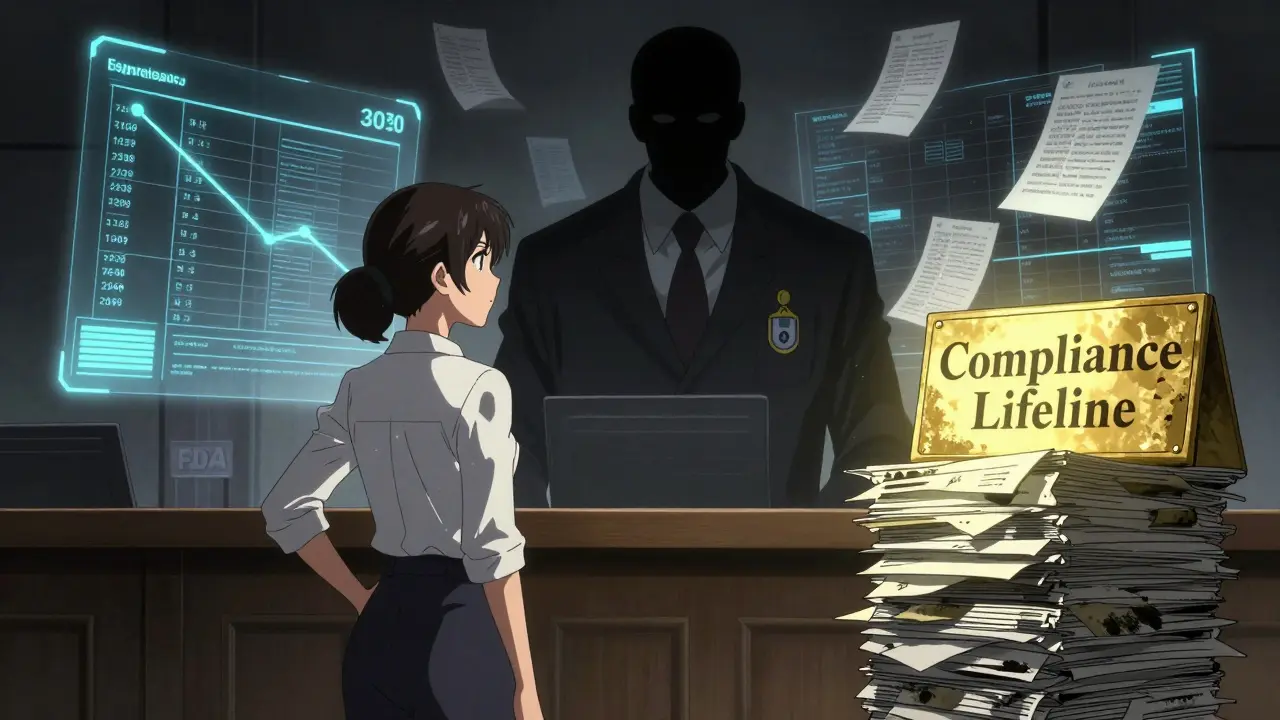 MedTech manager confronted by an FDA inspector as a delayed report timeline glows behind them.