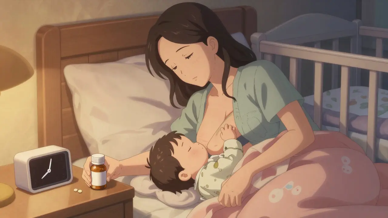 Mother placing pill bottle on bedside table after feeding, baby sleeping in crib.