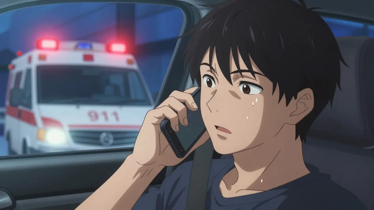 Person calling 911 in car with ambulance lights reflecting on window