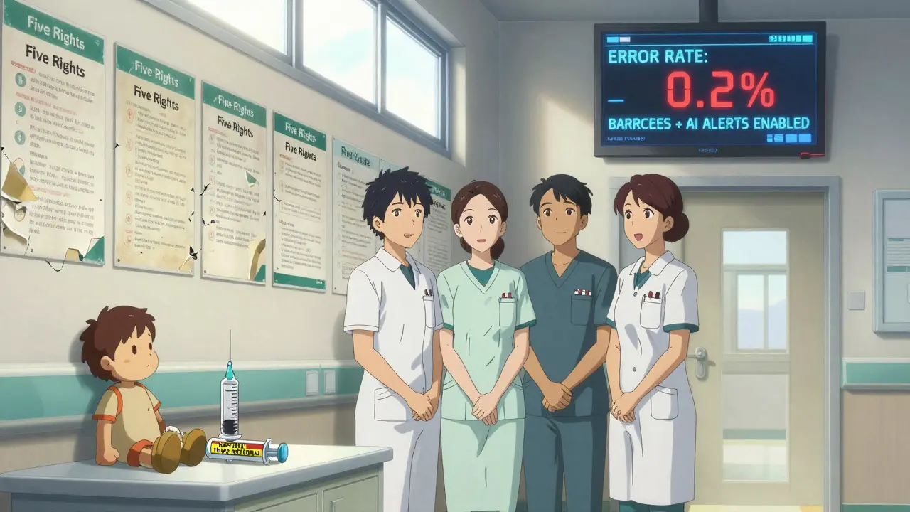 Staff standing before a safety metrics screen as peeling 'Five Rights' posters fade in the background.