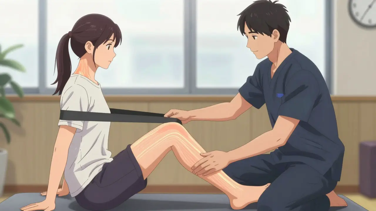 Therapist guiding a stretch with resistance band for neck and shoulder pain.