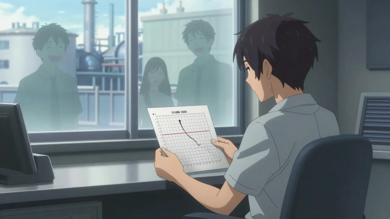 Worker reviewing audiogram with ghostly memories behind, while a quieter factory operates outside.