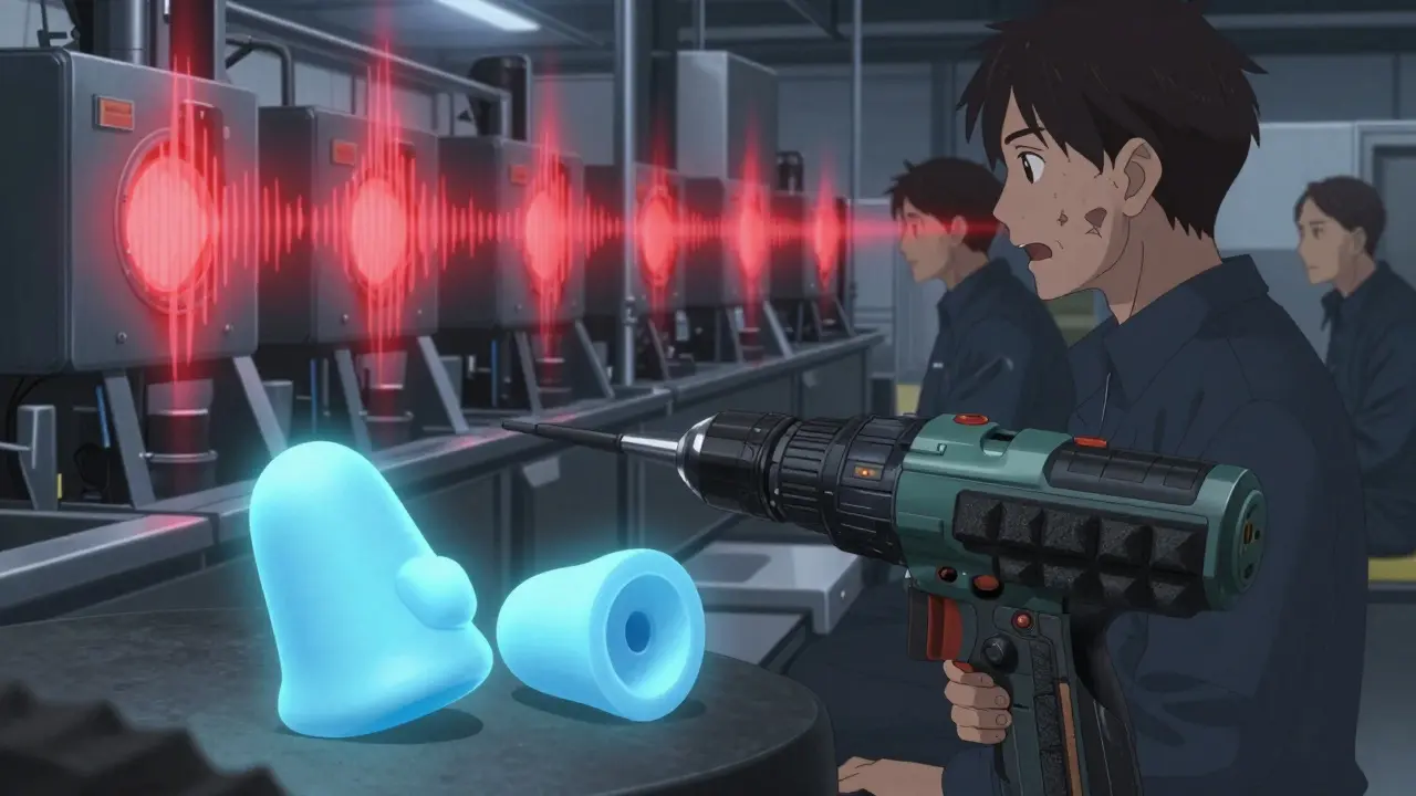 Workers with slipping earplugs beside a quiet, enclosed drill, showing contrast in noise protection.