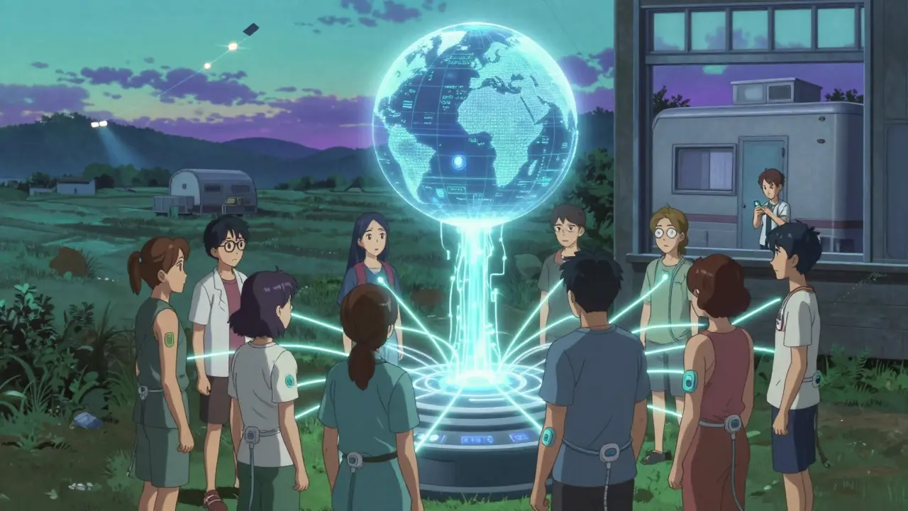 A diverse group of people connected by glowing data networks to an AI hub, symbolizing diabetes tech access, with a lone figure in a remote trailer in the background.