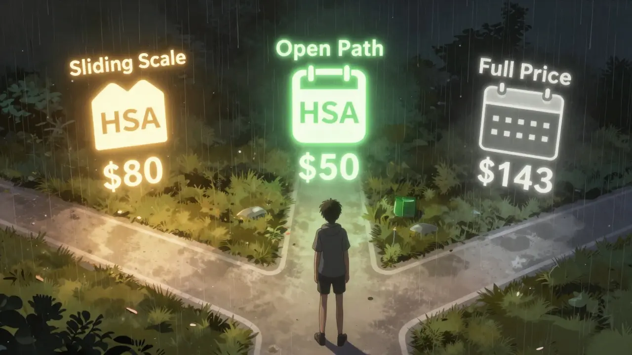 A person choosing between affordable therapy options like sliding scale and Open Path, with glowing pathways representing cost differences.