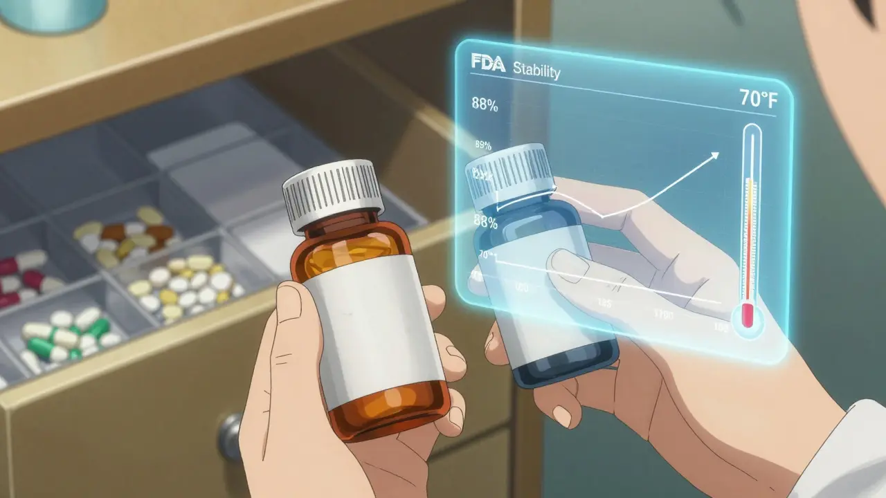 A pharmacist examining two medication bottles with floating FDA data showing potency retention beyond expiration.
