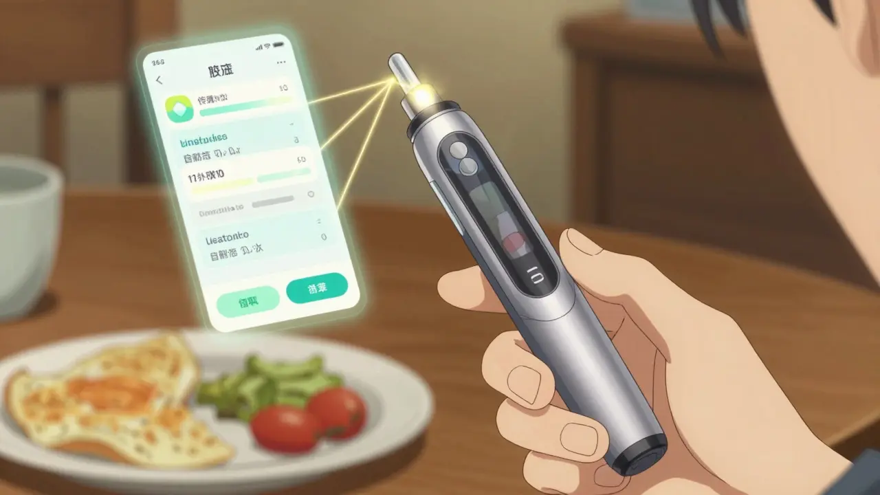 A smart insulin pen hovering above a hand, connected by golden threads to a digital interface showing personalized dose suggestions in a warm indoor setting.