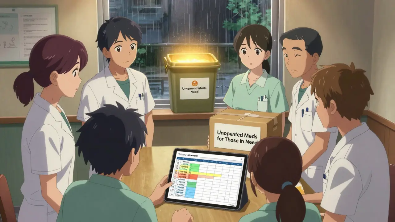 Clinic staff donating unopened medications to a community bin, with a simple spreadsheet visible on a tablet.