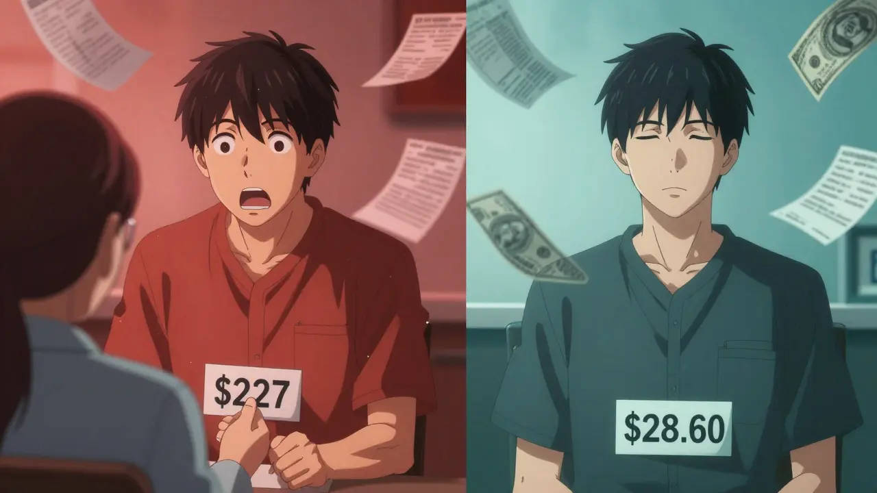 Contrasting scenes of paying high out-of-network fees versus low in-network costs during therapy sessions.