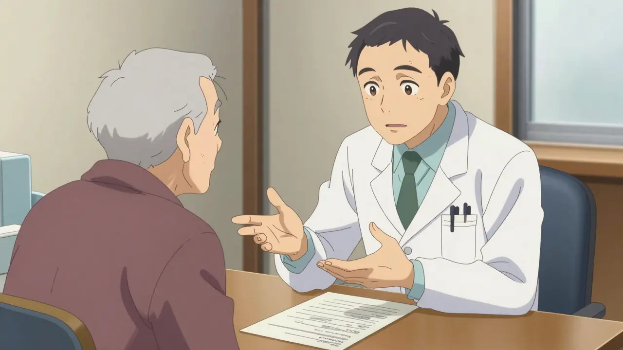 Doctor consulting with senior patient about treatment options.