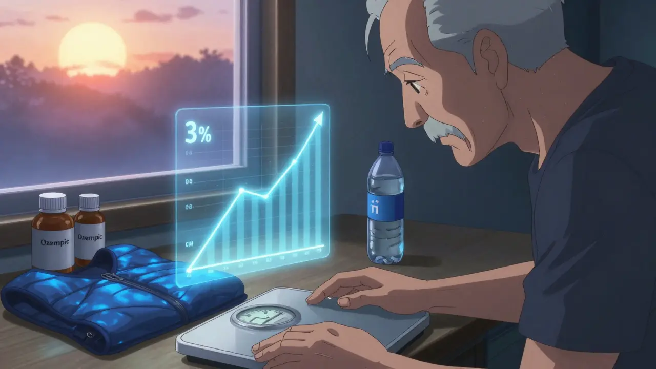 Elderly man checking his weight at dawn, with medication bottles and a cooling vest nearby, symbolizing dehydration risk.