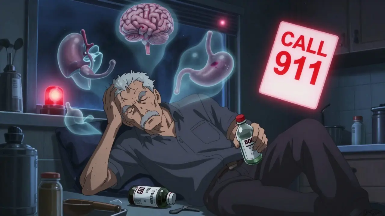 Elderly man collapsing with ghostly bleeding organs浮现, anticoagulant alert card glowing nearby.