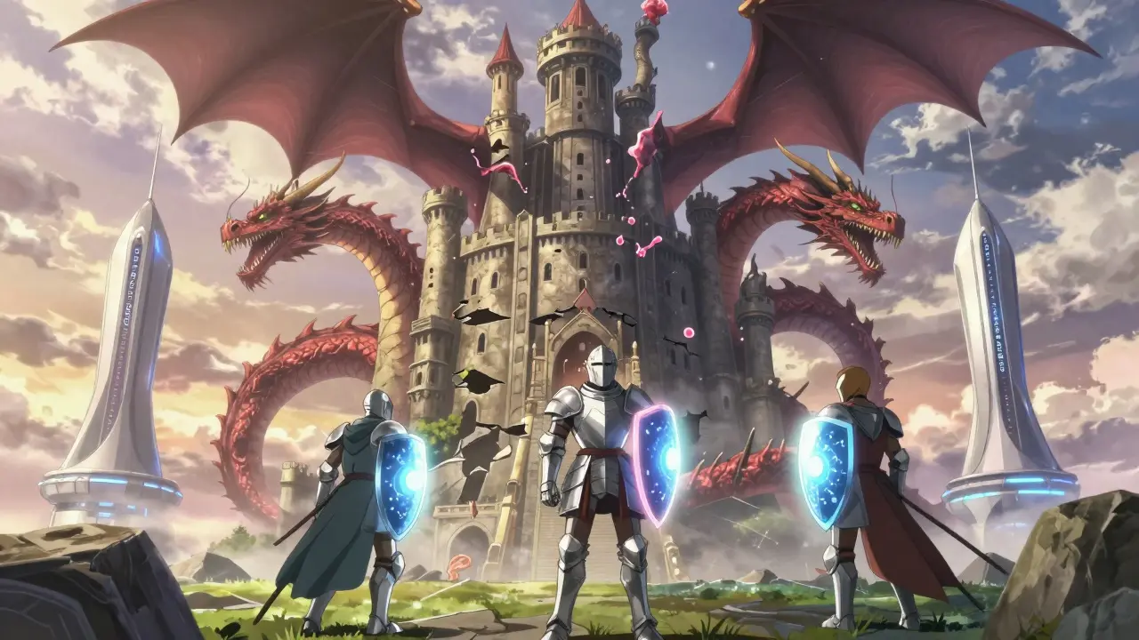 Esophagus castle under siege by acidic dragons, defended by knights representing proper medication use.