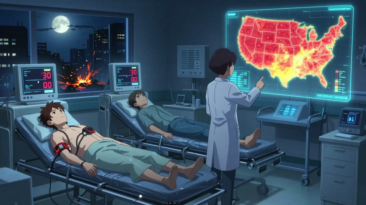 Hospital ER with patients under heat monitors, one wearing a TempTraq device, while a holographic heat map glows behind the scene.