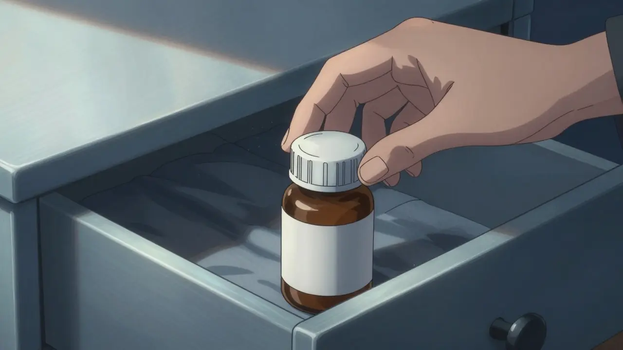 Medication bottles stored in a cool drawer away from humidity.