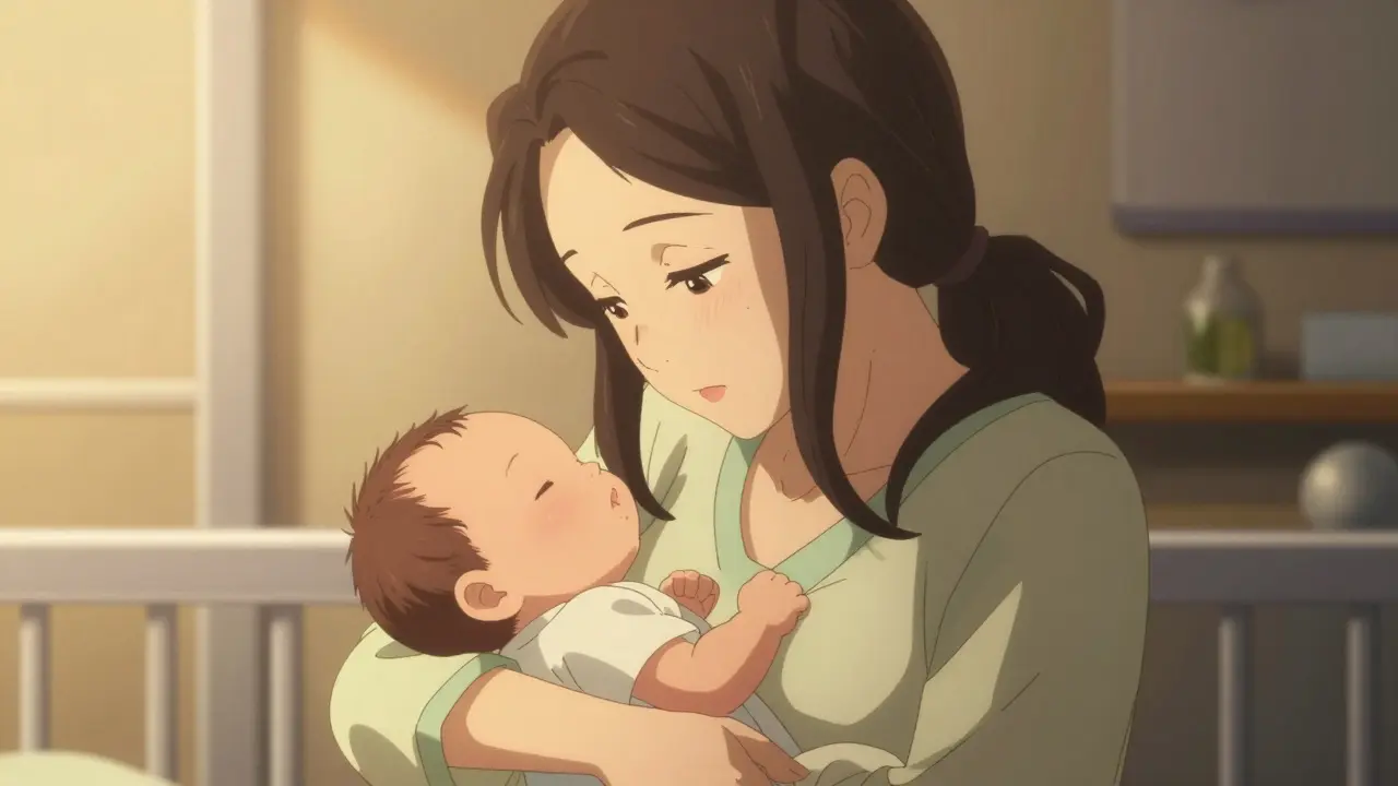 Mother holding newborn baby in sunlit room.