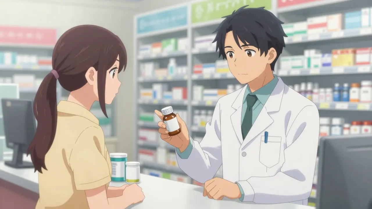 Patient consulting pharmacist at pharmacy counter.