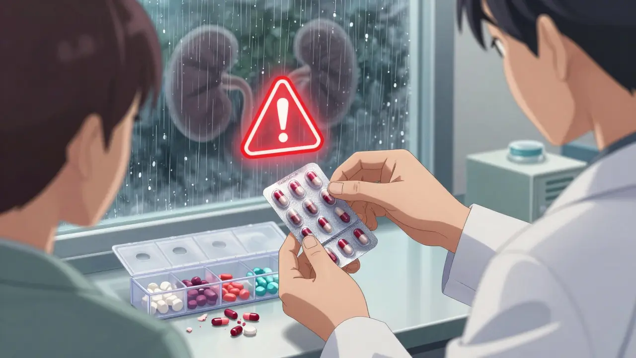 Pharmacist carefully handling dabigatran capsules with warning icon over pill organizer.